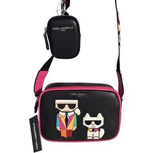 Karl Lagerfeld Paris & Maybelle Cat Black & Pink Camera Crossbody Bag W/ Pouch